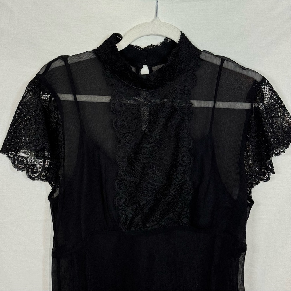 SOLD Black Sheer Silk Short Sleeve Blouse Lace Trim The Limited, Large, Camisole - Picture 15 of 16